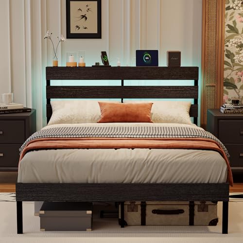 Bonnlo 5ft King Size Bed Frame with Storage Headboard & LED Lights, 150x200cm, Metal Bed Frame with Charging Station (USB/Type-C/2 Outlets), UnderBed Storage/Enhanced Support Noise Free, Black
