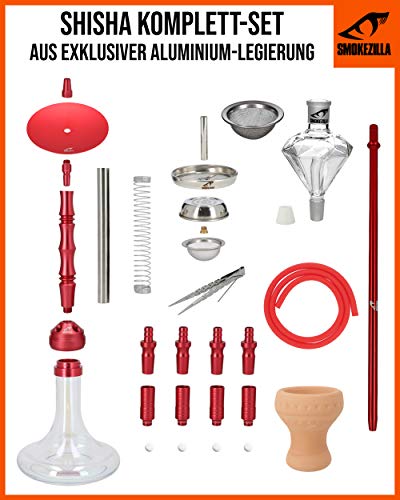 Smokezilla® MINYA 4S 4-Schlauch-Set Aluminium Shisha | Spitze Optik mit Shiny Clear Bowl und Diamond Molassefänger! (Rot… – Bild 3