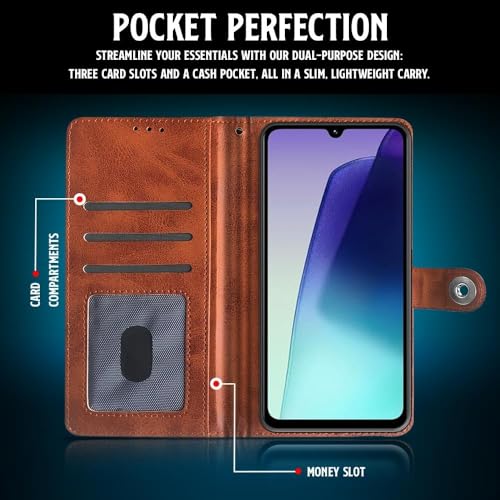 Image of Genuine Leather Finish Flip Back Cover Case for Mi Redmi A4 5G / Redmi 14C 5G / Poco C75 5G / Poco M7 5G | Inbuilt Pockets & Stand | Designer Button Magnet Flip Cover (Faux Leather(Brown)