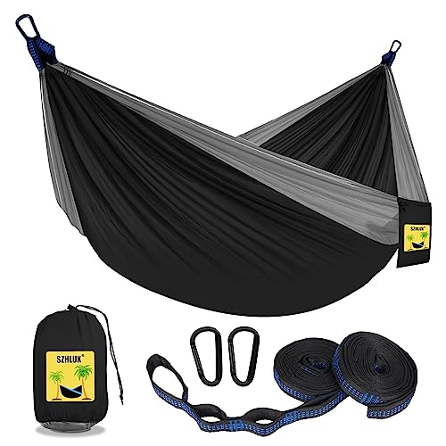 SZHLUX Camping Hammock Double & Single Portable Hammocks with 2 Tree Straps and Attached Carry Bag,Great for Outdoor,Indoor,Beach,Camping,Black & Grey, Large
