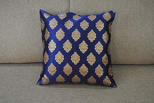 Image of PINK PARROT Dopian Silk Cushion Covers (12x12inch, Navy Blue and Greenish Blue)- Set of 5