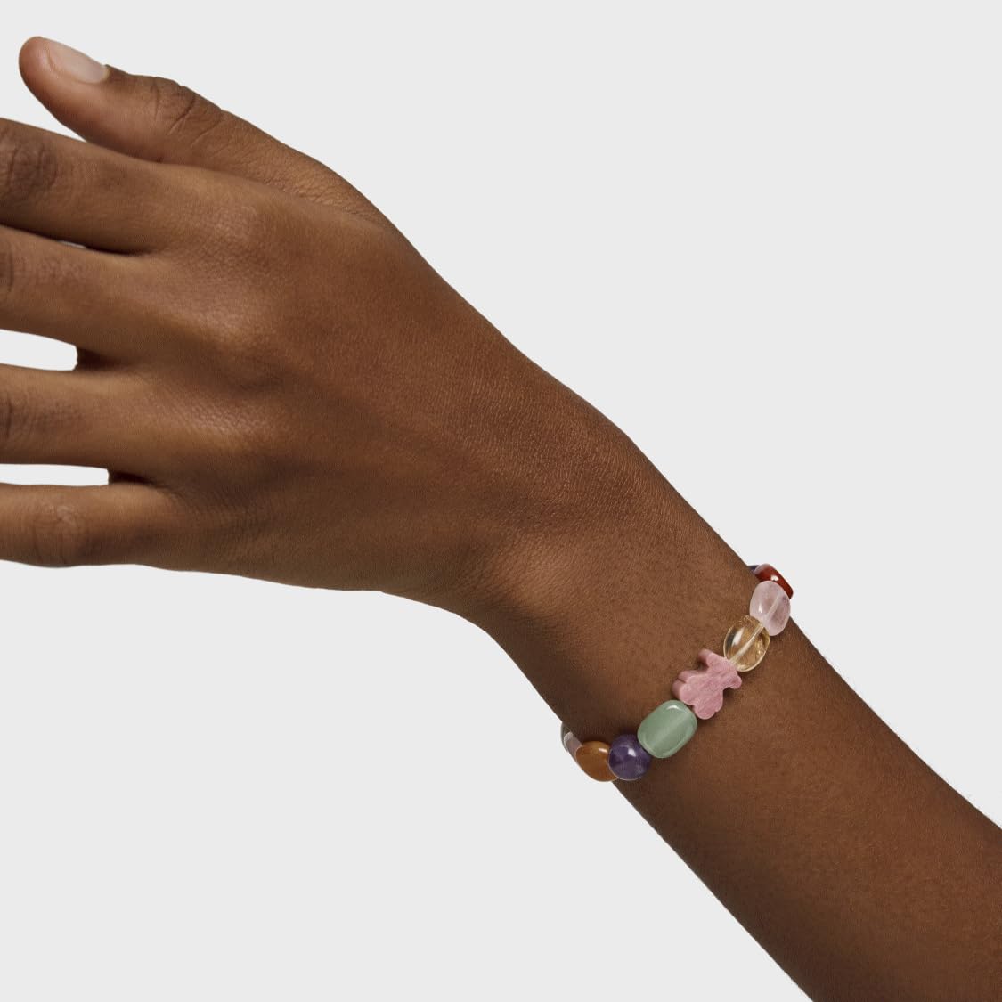 TOUS Damen Rhodonit Kugeln Elastisches Armband mit Sterling Silber Bär Muster, Länge 17cm, jung und frisch, Icon Color Kollektion