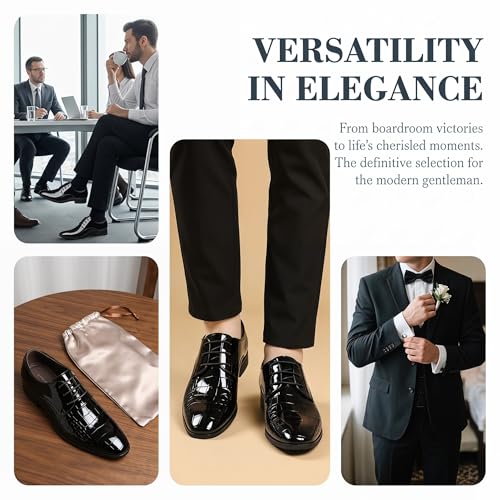 Image of Men's Crocodile Print Patent Leather Oxfords - Formal Business Lace-Up Dress Shoes for Wedding Prom Tuxedo