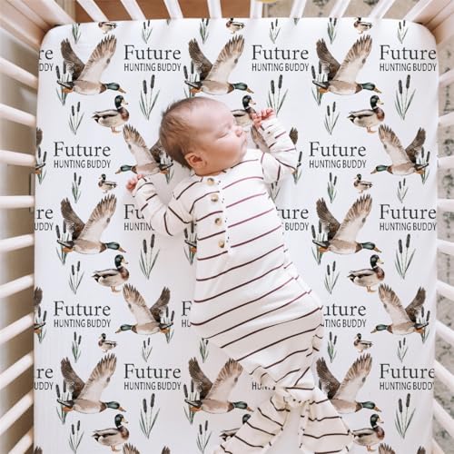 Image of HawSkgFub Future Duck Hunting Buddy Fitted Standard Crib Sheet for Baby Boy, Mallard Duck Hunter Wild Animal Lake Toddler Mattress Cover, Soft Stretchy Nursery Bed Sheets Decor Kids Gift 52 inch x 28 inch