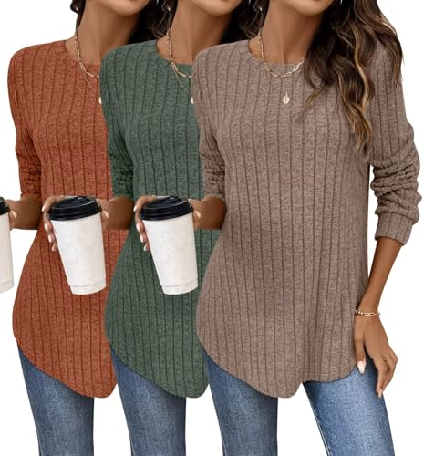 Bliwov Damen-Langarm-Shirt, Herbst-Tunika, Rundhalsausschnitt, elegant, lässig, lockerer Pullover, Bluse, modische Kleidung, Karamell + Grün + Kaffee, Klein