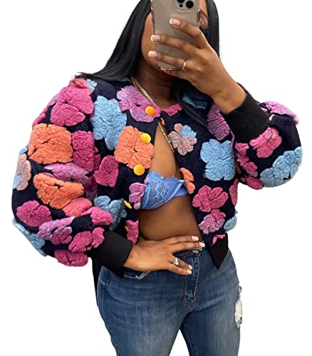 Angsuttc Women's Cropped Floral Bomber Jacket Puff Sleeves Lightweight Fleece Shacket Button Down Varsity Coat Outwear