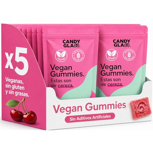 Gummies Vegan de Cereza Pack 5 Bolsas - Elaboradas con Jugo de Fruta Concentrado - Sabor Intenso - Fuente de Fibra - Sin Aditivos Artificiales - Veganas y Sin Gluten - Pack 5 Bolsas