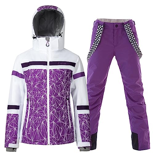 ALSOGO Damen Skianzug Schneeanzug Winddicht Wasserdicht Skifahren Snowboardjacke Trägerhose Set Zum Skifahren Snowboarden Klettern YSB02PU+Purple M