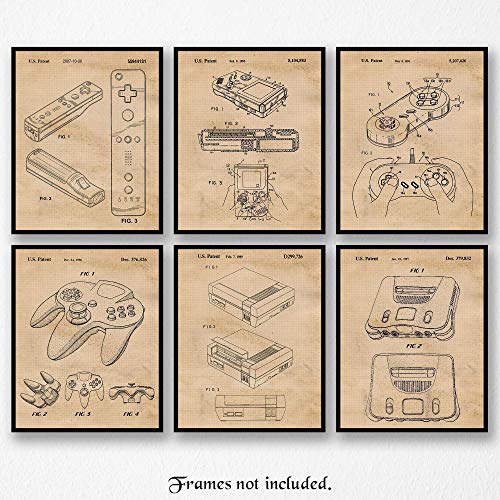 Vintage Video Games Console Controller Patent Prints, 6 (8X10) Unframed Photos, Wall Art Decor Gifts Under 25 For Home Office Garage Man Cave Shop College Student Teacher Comic-Con Movies Gaming Fan #TOP7