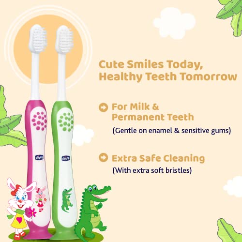 Image of Chicco Toothbrush Set Pink + Green 3Y-8Y (Pack of 2)