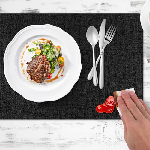 Placemats Set of 6 Washable, Heat Resistant Table Placemats Wipeable Faux Leather Place Mats Non Slip, Black1