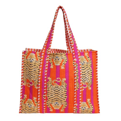 LKGSM RUGS Cotton Tiger Block Print Tote Bag, Handmade Indian Shopping Shoulder Bag, Unisex Market Daily Use