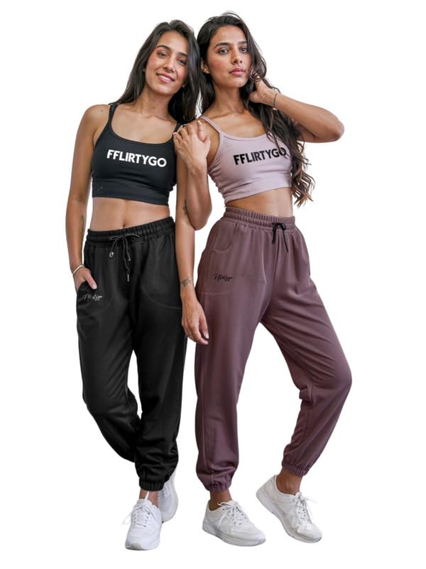 Image of Fflirtygo Cotton Solid Joggers /Track Pant /Solid Pajama /Leggings �100% Export Quality Soft Cotton Night Wear /Pocket Pyjama for Women Combo Pack of 2Pcs, Black and Blue
