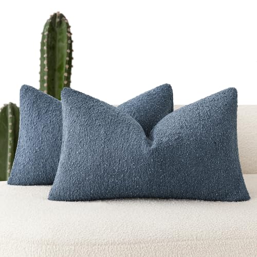 Image of Foindtower Pack of 2 Textured Boucle Throw Pillow Covers Accent Solid Decorative Lumbar Pillow Cases Cozy Couch Cushion Case for Chair Sofa Bedroom Living Room Home Decor 12x20 Inch Dark Blue