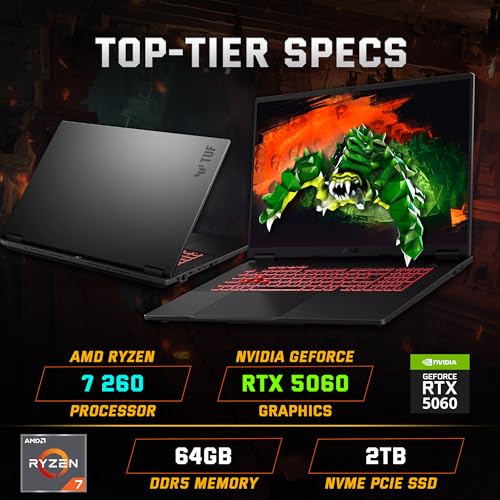 Image of ASUS TUF A18 18 inch WUXGA 144Hz Gaming Laptop, AMD Ryzen 7 260, NVIDIA GeForce RTX 5060 8GB GDDR7, 64GB DDR5, 3TB Storage(2TB SSD&1TB Docking), Backlit Keyboard, Copilot, Wi-Fi 6E, Win 11 Pro, Gray