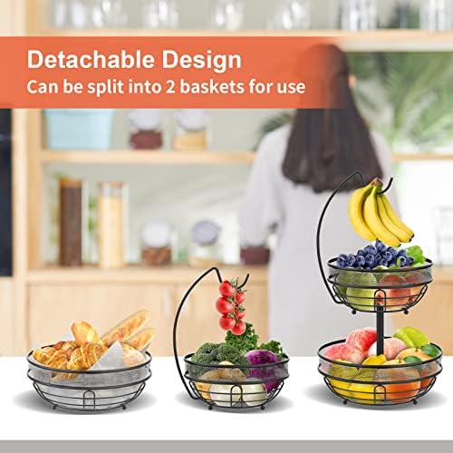 Fruit Basket, 2 Tier Fruit Bowl with Banana Hanger for Kitchen Counter, Metal Detachable Fruit Racks Storage Holder Keeps Fruits and Vegs Fresh (Black)
