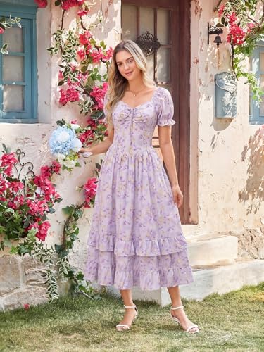 Image of Scarlet Darkness Women Floral Maxi Dress Puff Sleeve Tea Party Corset Dress | Pockets, Ruched Bust, Ruffled Hem, for Cottagecore Fairy Milkmaid Vacation