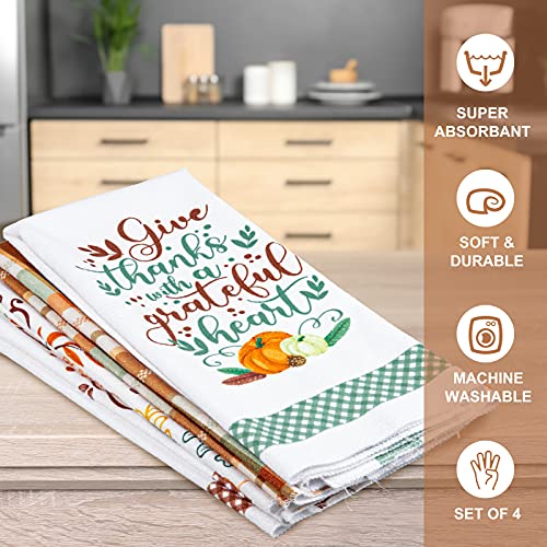 Whaline Fall Kitchen Towel Autumn Leaves Green Brown Plaids Dish Towel Retro Thanksgiving Fall Harvest Tea Towel Hand Drying Cloth Towel For Autumn Holiday Kitchen Cooking Baking, 4 Pack, 28 X 18 Inch #TOP2