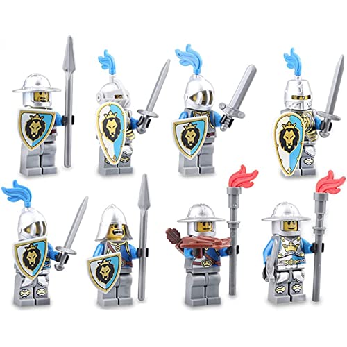 MOFOCO 8 Stück Blue Lion Knight Series Mittelalterlicher Ritter Bogenschütze Minifigur Minifiguren Set Baustein Spielzeug Sammlung Figurensammlung Minifigur Kompatibel mit Lego Cover