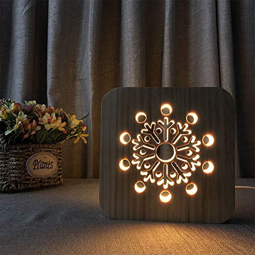 Cooltto Lampe en Bois LED Veilleuse Lampe de Chevet pour Enfant Illusion 3D Lampe de Table Lumières Décoratives 2.5W USB Rechargeable Lampe Décoration de Chambre pour Enfants-Flocon de Neige Cover