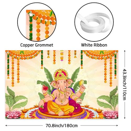 Image of Pooja Ganpati Decoration Banner Indian Puja Cloth Items Backdrop | Traditional Chatiya Ganesh Mehndi Photography Background Wedding Festival Party Marigold Garlands Photo Booth 70.8x43.3inch