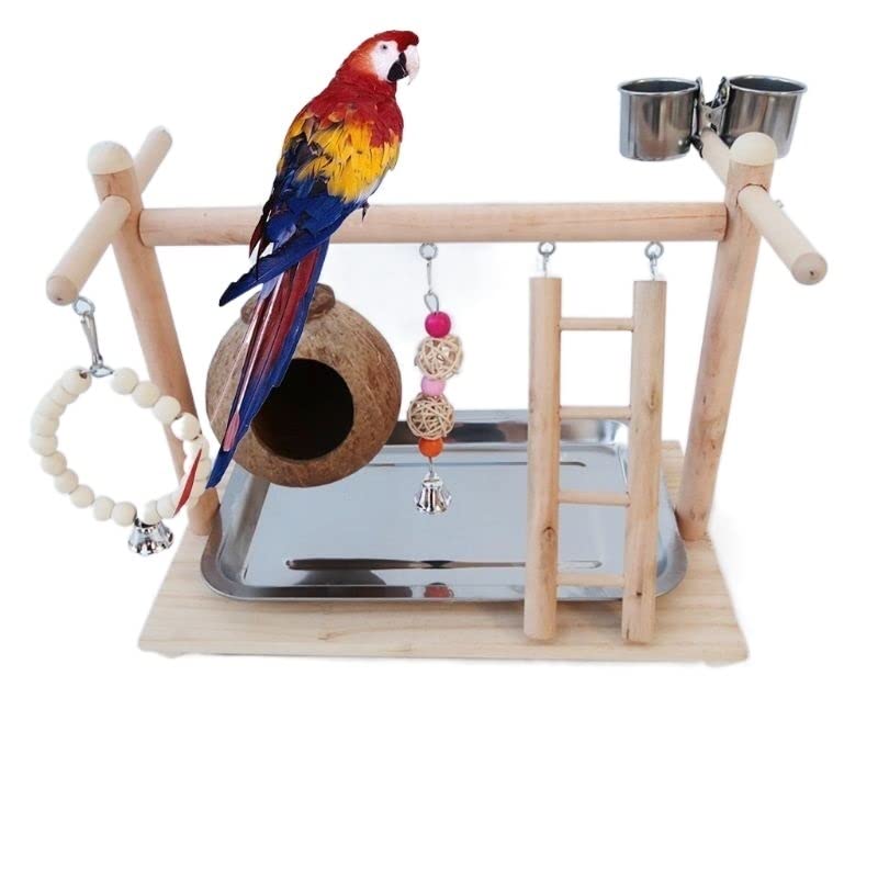 Percha para pájaros Parque Infantil for pájaros, Juguete for Loros, cáscara de Coco, Jaula for, Escalera, Ejercicio, for con Tazas alimentación for Conure