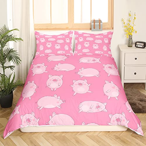 Loussiesd Girls Pink Pigs Comforter Cover Cartoon Pig Bedding Set Kawaii Pig Duvet Cover for Children Kids Boys Microfiber 3D Animals Bedspread Cover King Size - Image 3