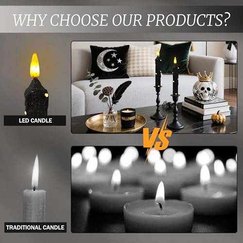 Image of 6.5 Inches Primitive Real Wax LED Flameless Short Candlesticks Hand Dipped Battery Operated Candles with Timer Remote Candles for Halloween Vintage Rustic Home Decor, Pack of 2(Black)