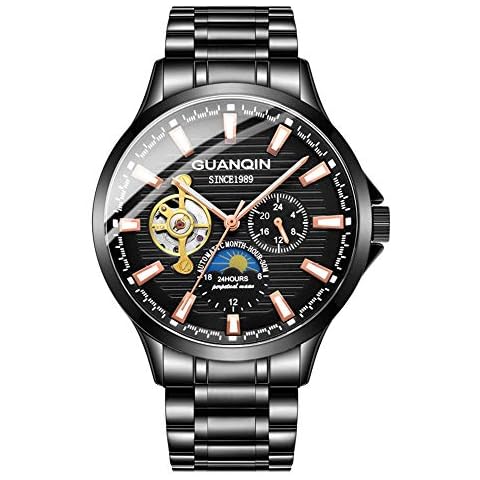 Guanqin Men Analog Automatic Self Winding Mechanical Wrist Watch with Leather/Stainless Steel Band Moon Phase Luminous Pointer (Black Steel) Cover