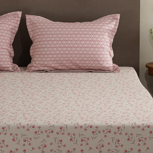Image of Layers 100% Cotton Double Size Bedsheet Set | Pink Floral Print | 120 TC Forever Collection | Soft & Breathable | Washable Bedsheet with 2 Pillow Covers | All Season