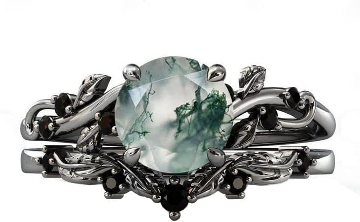 Moss Agate Engagement Ring Set for Women, 2 Pcs Vintage Leaf Design Black Rhodium Sterling Silver Bridal Wedding Rings, Round Gemstone Unique Jewelry