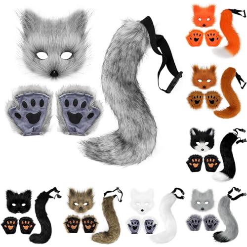 Halloween Furry Animal Accessory Set for Adults with Mask Tail Paw Gloves - image 1
