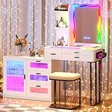 MDGC RGB Makeup Vanity Desk with Wireless Charging Station,7 Dynamic and 7 Static Dimmable Vanity Table with Glass Desktop,Vanity Mirror with Lights Desk&Chair,8 Drawers,Stool