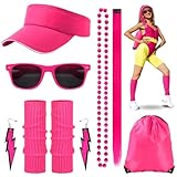 TOGOU2S 80er Jahre Outfit Damen Accessoires 90 Jahre outfit Kostüm Zubehör Sonnenkappe Beinwärmer Brille Ohrring Halskette Haarverlängerung Turnbeutel Retro Party Set für Karneval Mottoparty