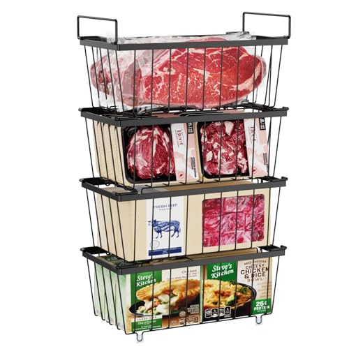 iSPECLE Chest Freezer Organiser - 4 Pack for 198 Litre Deep Freezer, Stackable Wire Chest Freezer Baskets to Sort Frozen Food, Freezer Storage Bins with Handles for Easy Access, Black