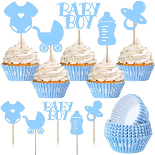 Suttmin - 250 piezas de regalos de fiesta de baby shower, 150 fundas para cupcakes de baby shower, 100 decoraciones para cupcakes de baby shower, para suministros para fiestas de cumpleaños (azul