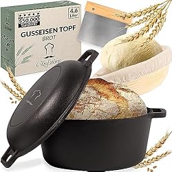 Cacerola Hierro Colado Olla de hierro fundido de 26 cm con cesto de fermentación- apta para inducción - 2 en 1 con tapa - para hornear pan - olla con práctica doble función - olla para pan con tapa 4,6 l