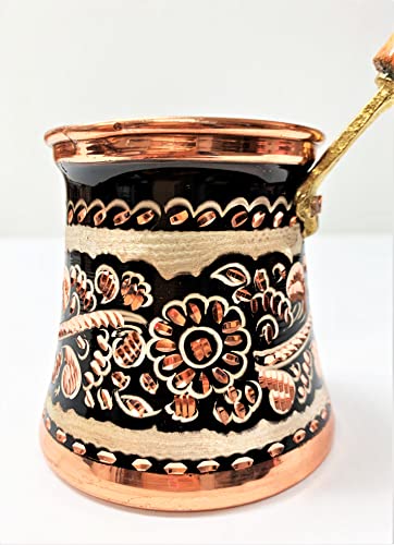 7-Oz Handmade Thick 2mm Stamped Hammered Copper Turkish Greek Armenian Coffee Pot Stove Top Cezve Briki Wooden Brass Handle 2 cups
