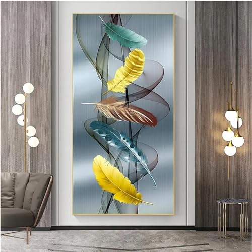 Tableau sur toile plumes abstraites 60x150cm imperméable avec cadre doré anti-UV
