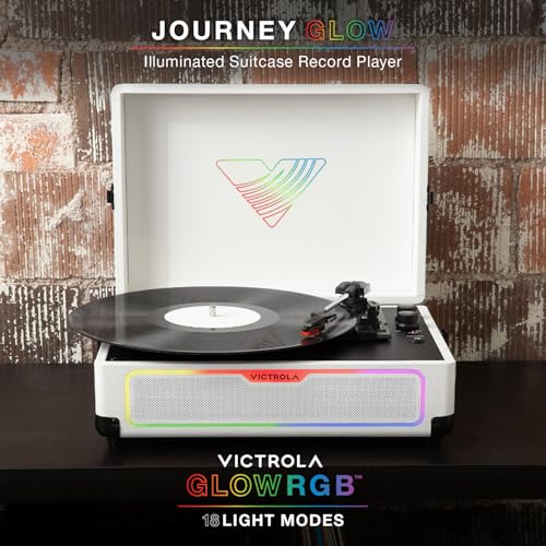 Image of Victrola Journey Glow - Lightshow Bluetooth Suitcase Record Player - Black | Suitcase turntable, 18 RGB light modes, built-in stereo speakers, two-way Bluetooth (VINYLSTREAM out), RCA and headphone jack