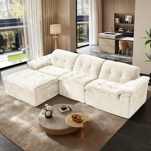 Image of 118 inch Oversized Modular Sectional Sofa, Large Modern Cloud Sectional Couch with Ottoman, Chenille 4 Seat Sofa Set, L-Shape Couch for Living Room, Apartments, No Assembly Required, Beige