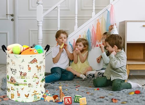Image of Collapsible Kids Laundry Basket Clothes Hamper, Foldable Storage Organizer Bin, Toy Clothes Storage with Handles for Boys Girls Bedroom, Room Decor Farm