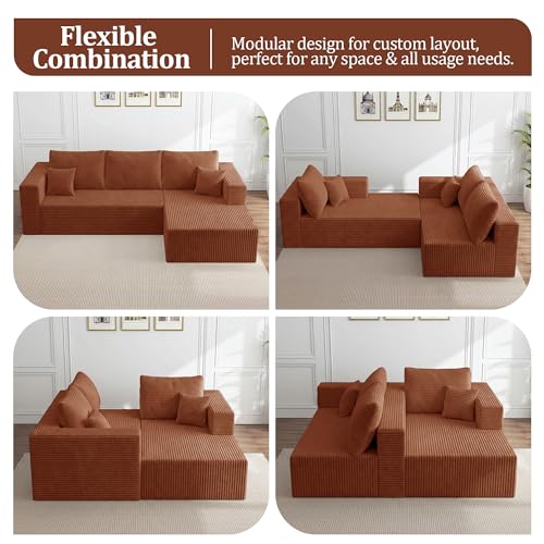 Image of 92.5 inch Modular Sectional Sofa, L-Shaped Cloud Couch with Deep Seats & Chaise, Convertible 4-in-1 Corduroy Boneless Couches for Living Room,Bedroom,No Need Assembly - Brown(Right Facing Chaise)