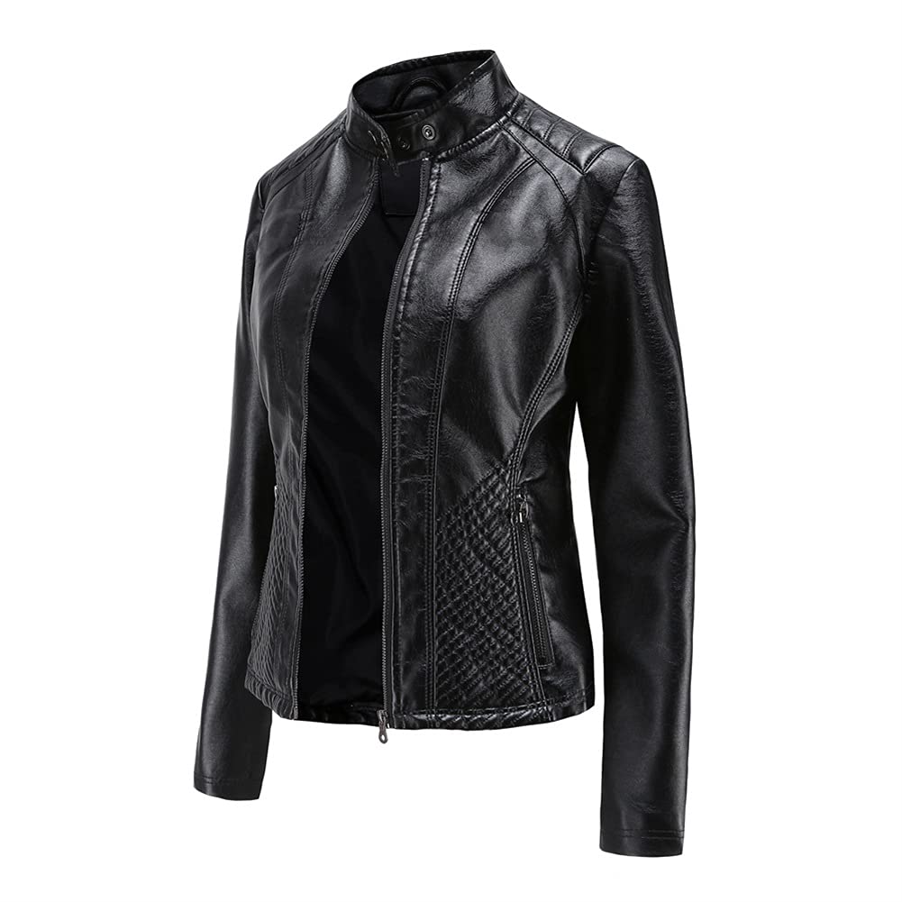 YFFUSHI Femme Veste en Simili Cuir Décontracté Style Motard PU Biker Blouson Cuir en Col Montant