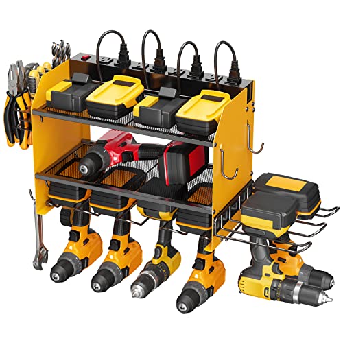 CCCEI Modular Power Tool Organizer Wall Mount Charging Station, Yellow 6 Drills Holder with 8 Plug Power Strip 10FT, Garage Drill Battery Heavy Duty Metal Shelf, Utility Rack with Hooks, Side Storage.