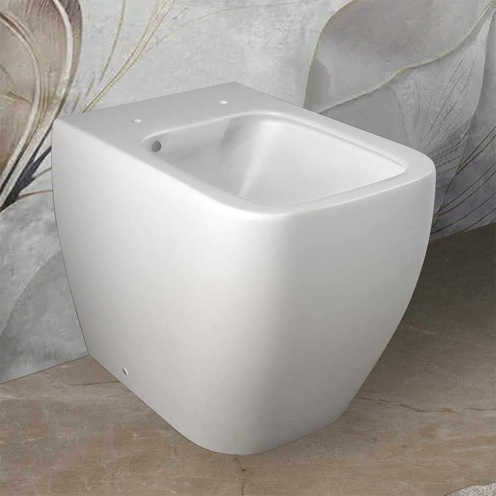 Coppia sanitari filomuro bianco opaco senza brida serie Metropolitan, copriwc originale soft-close, wc scarico universale con curva tecnica inclusa