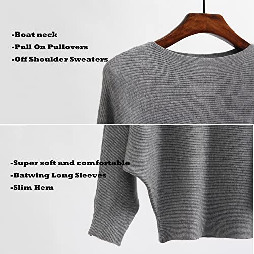 Image of Blostirno Women's Boat Neck Batwing Sleeves Dolman Ribbed Knitted Sweaters Pullovers Tops