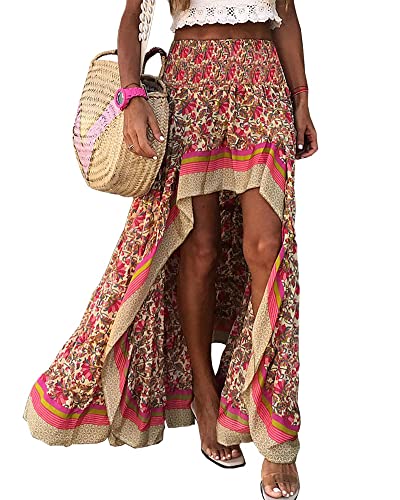BTFBM Women 2025 Summer Spring Boho Long Skirts Dress Floral Print Elastic Waist Split Ruffle High Low Beach Maxi Skirt(X-Red, Small)
