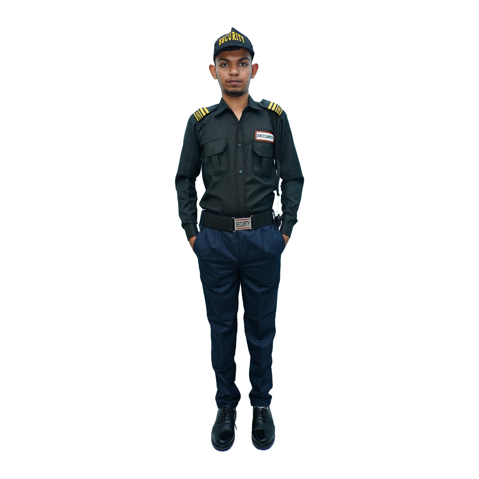 madhav uniform Mens Security Guard Uniform Set | Crabon Colour Full Sleeve Shirt and Black Trouser |Complete Accessories and Labels | Size 38-picture-11