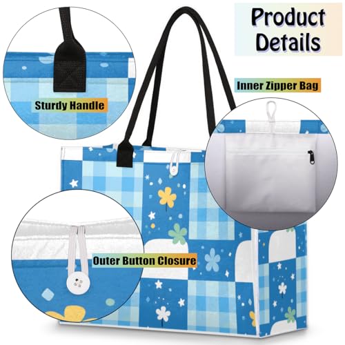 Blue Flowers Plaid Tote Bag for Women Large Beach Bag Reusable Tote Bags for Work Travel Beach Shopping4